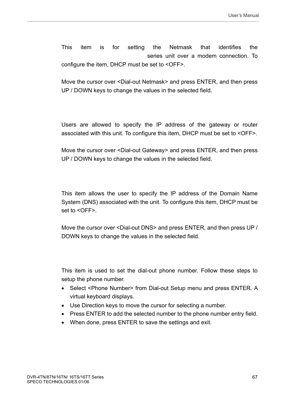 Dial-out netmask, Dial-out gateway, Dial-out dns | Phone number | Speco Technologies DVR-16TT User Manual | Page 68 / 139