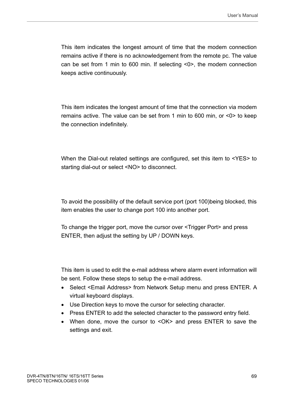 5 trigger port, 6 email address, Dial-out idle time | Dial-out max time, Connect, Trigger port, Email address | Speco Technologies DVR-16TT User Manual | Page 70 / 139