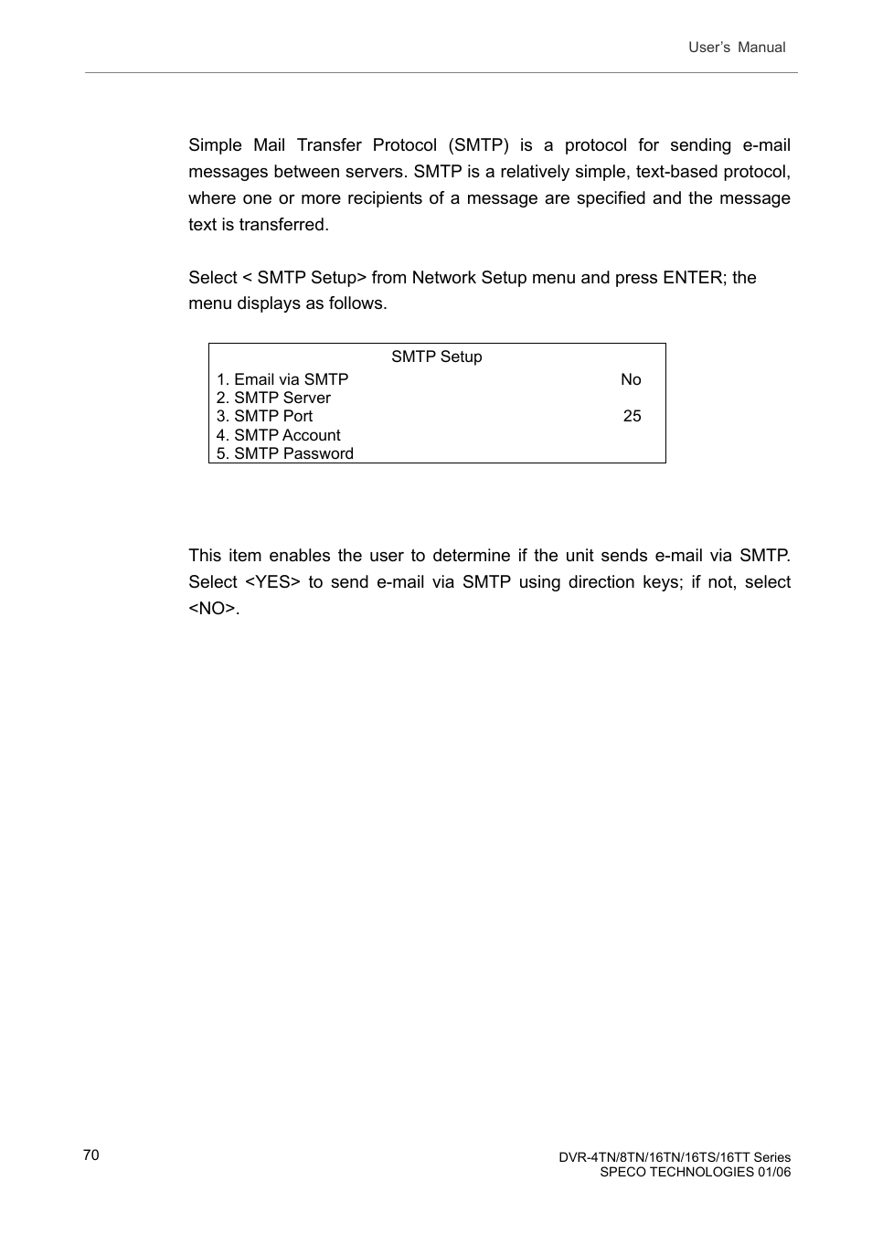 7 smtp setup, Smtp setup, Email via smtp | Speco Technologies DVR-16TT User Manual | Page 71 / 139