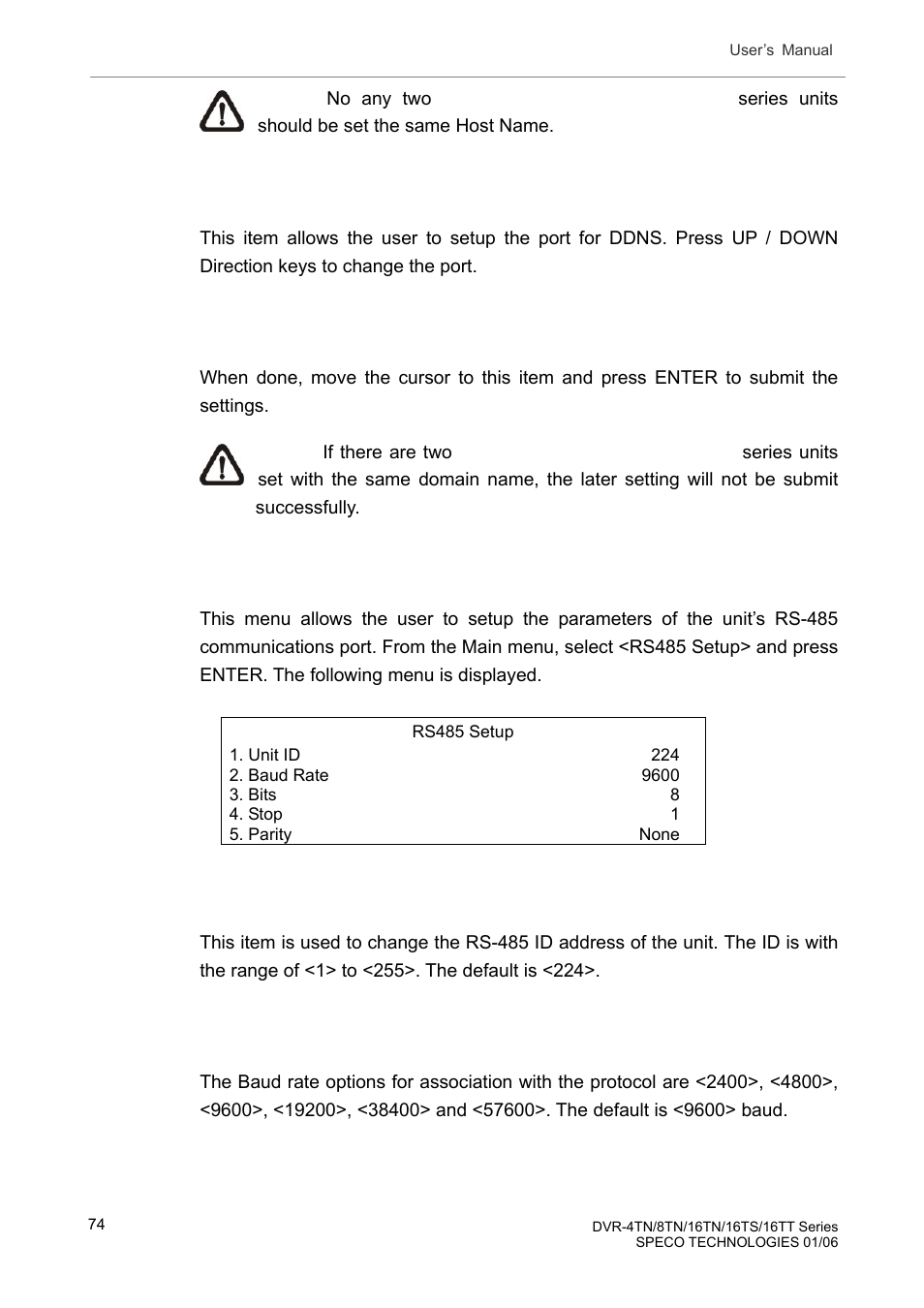 7 rs485 setup, 1 unit id, 2 baud rate | Ddns port, Submit/update, Rs485 setup, Unit id, Baud rate | Speco Technologies DVR-16TT User Manual | Page 75 / 139