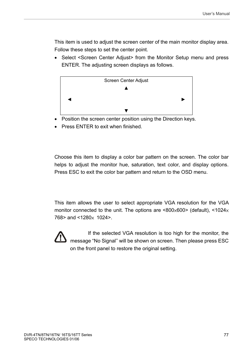 5 screen center adjust, 6 show color bar, 7 vga resolution | Screen center adjust, Show color bar, Vga resolution | Speco Technologies DVR-16TT User Manual | Page 78 / 139