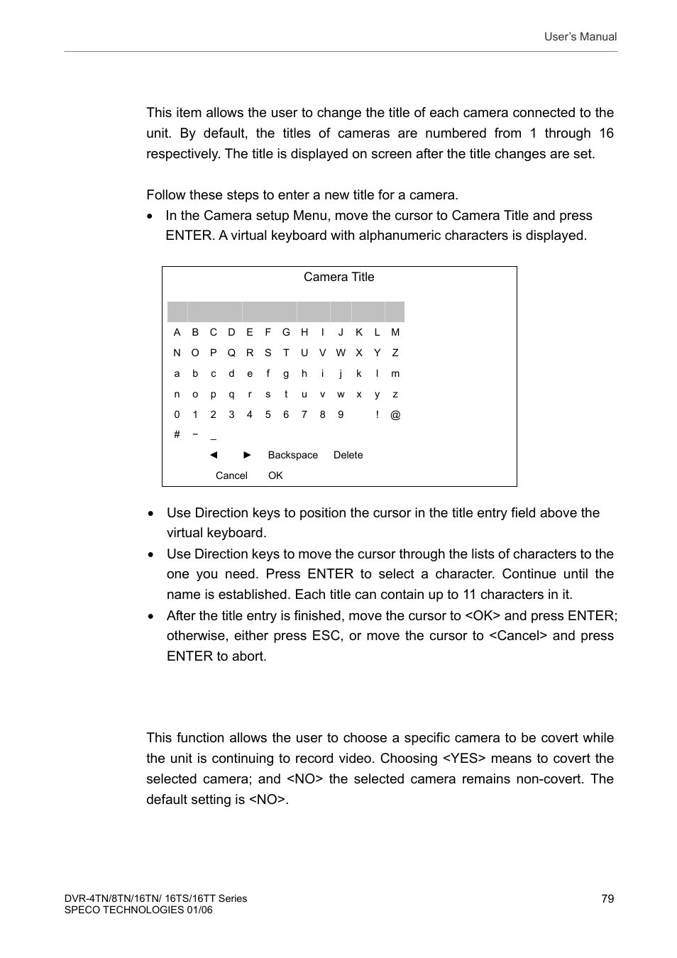 4 camera title, 5 covert, Camera title | Covert | Speco Technologies DVR-16TT User Manual | Page 80 / 139