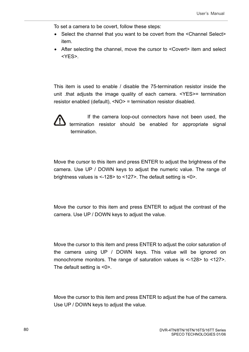 6 termination, 7 brightness, 8 contrast | 9 saturation, 10 hue, Termination, Brightness, Contrast, Saturation | Speco Technologies DVR-16TT User Manual | Page 81 / 139