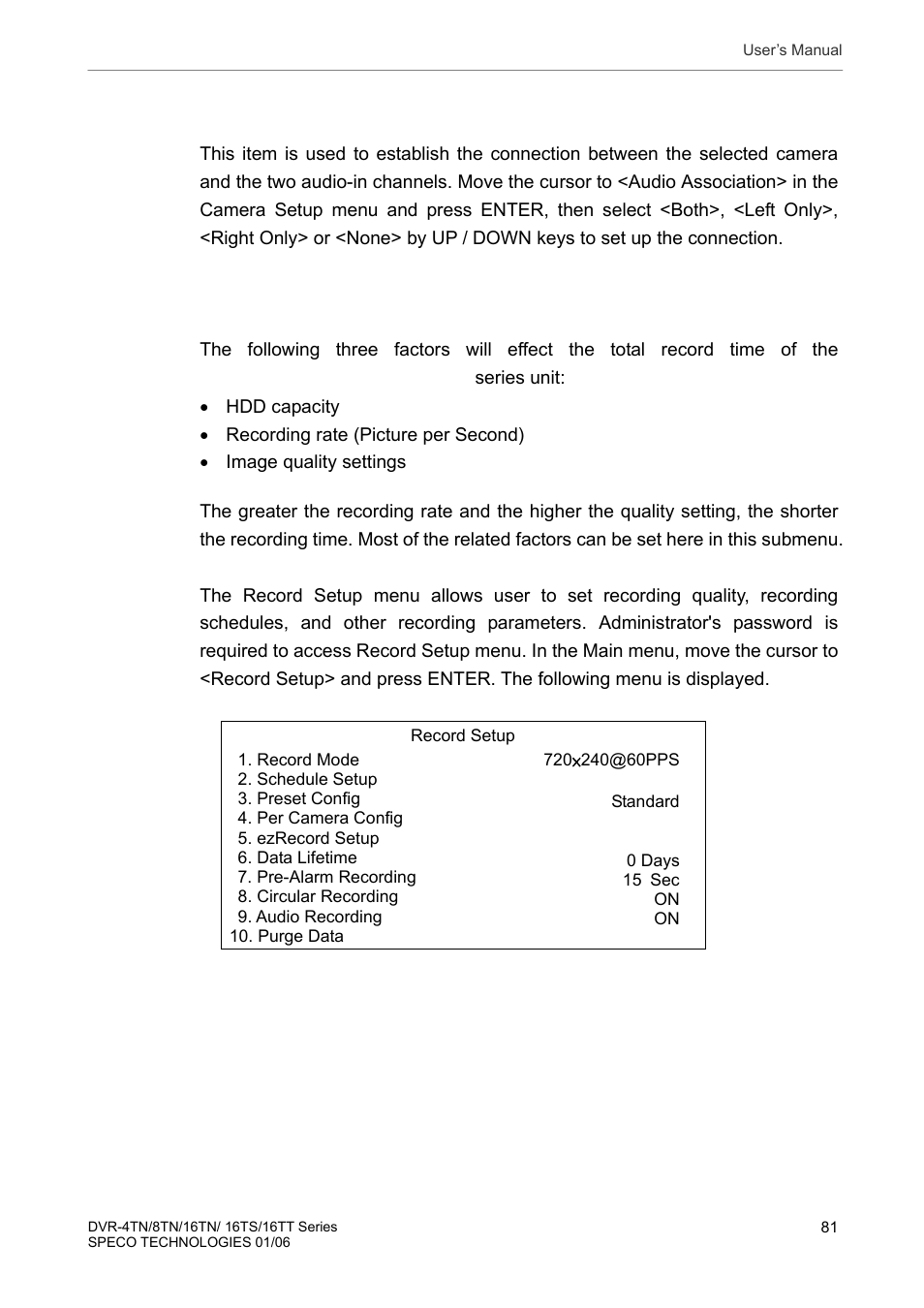 11 audio association, 4 record setup, Audio association | Record setup | Speco Technologies DVR-16TT User Manual | Page 82 / 139