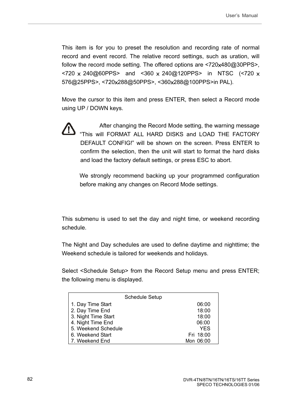 1 record mode, 2 schedule setup, Record mode | Schedule setup | Speco Technologies DVR-16TT User Manual | Page 83 / 139