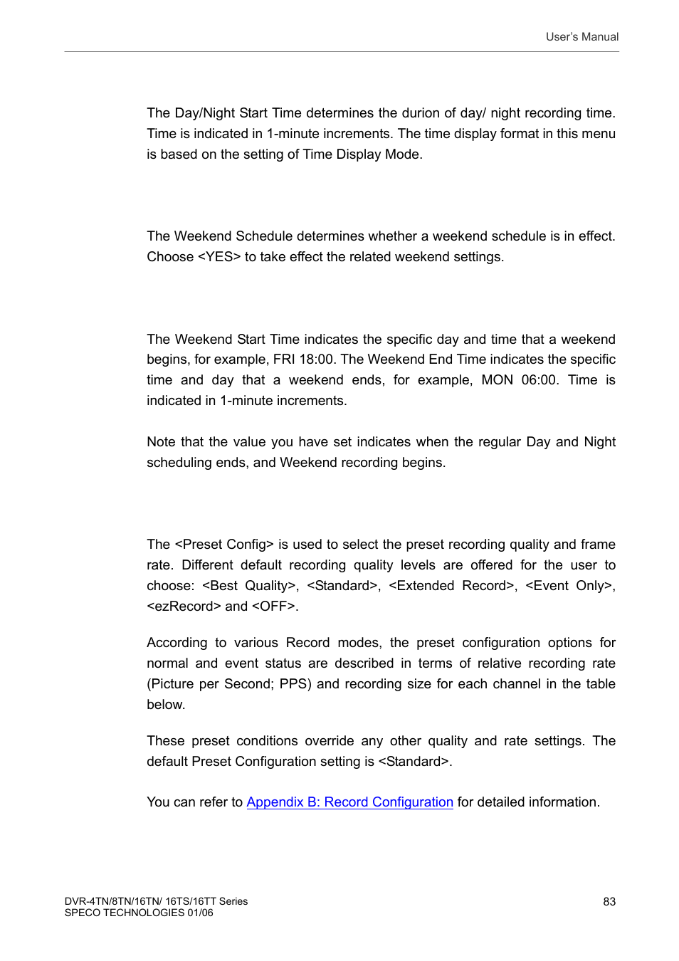 1 day / night time start / end, 2 weekend schedule, 3 weekend start / end | 3 preset record configuration, Day / night time start / end, Weekend schedule, Weekend start / end, Preset record configuration | Speco Technologies DVR-16TT User Manual | Page 84 / 139