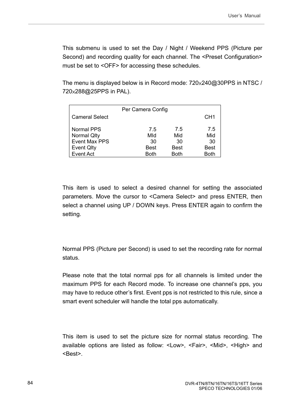 4 per camera configuration, 1 camera select, 2 normal pps | 3 normal qlty, Per camera configuration, Camera select, Normal pps, Normal qlty | Speco Technologies DVR-16TT User Manual | Page 85 / 139