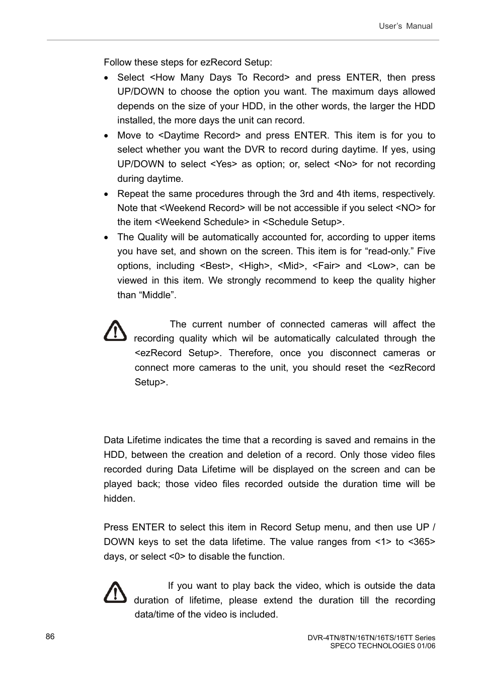 6 data lifetime, Data lifetime | Speco Technologies DVR-16TT User Manual | Page 87 / 139