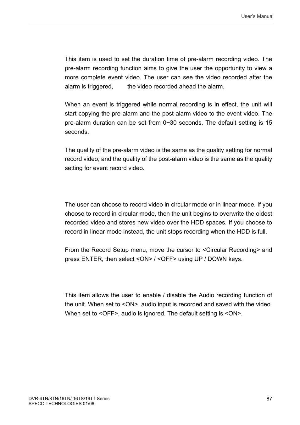 7 pre-alarm recording, 8 circular recording, 9 audio recording | Pre-alarm recording, Circular recording, Audio recording | Speco Technologies DVR-16TT User Manual | Page 88 / 139