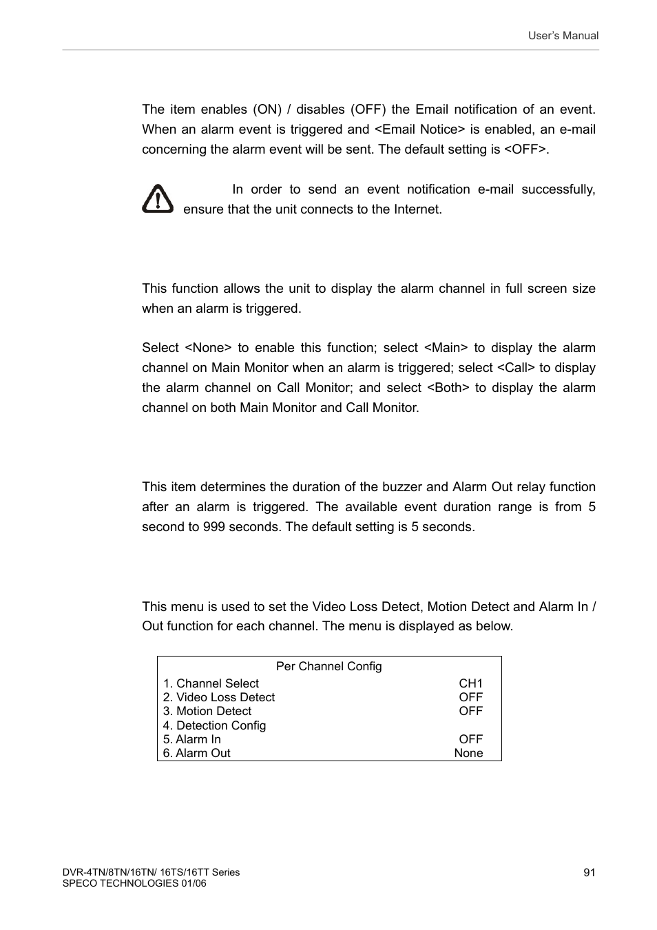 3 email notice, 4 event full screen, 5 event duration | 6 per channel config, Email notice, Event full screen, Event duration, Per channel config | Speco Technologies DVR-16TT User Manual | Page 92 / 139