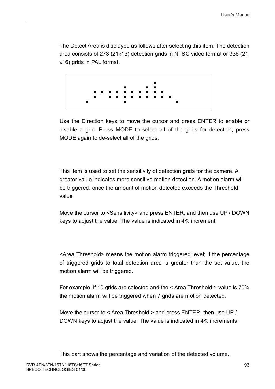 Detected area setup, Sensitivity, Area threshold | Detected area percentage | Speco Technologies DVR-16TT User Manual | Page 94 / 139