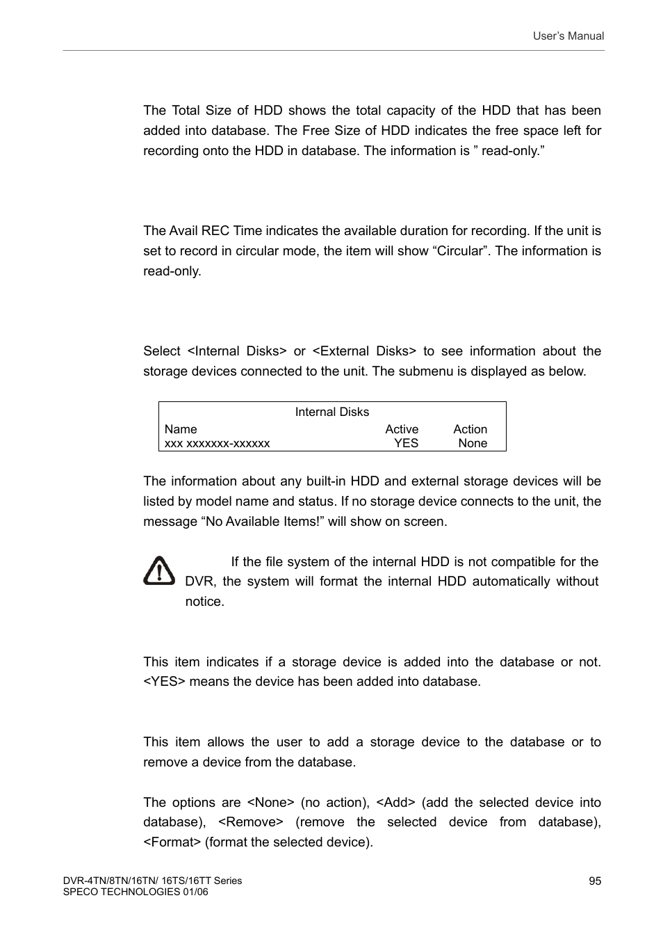 1 total / free size of hdd, 2 avail. rec time, 3 internal / external disks | Total / free size of hdd, Avail. rec time, Internal / external disks | Speco Technologies DVR-16TT User Manual | Page 96 / 139