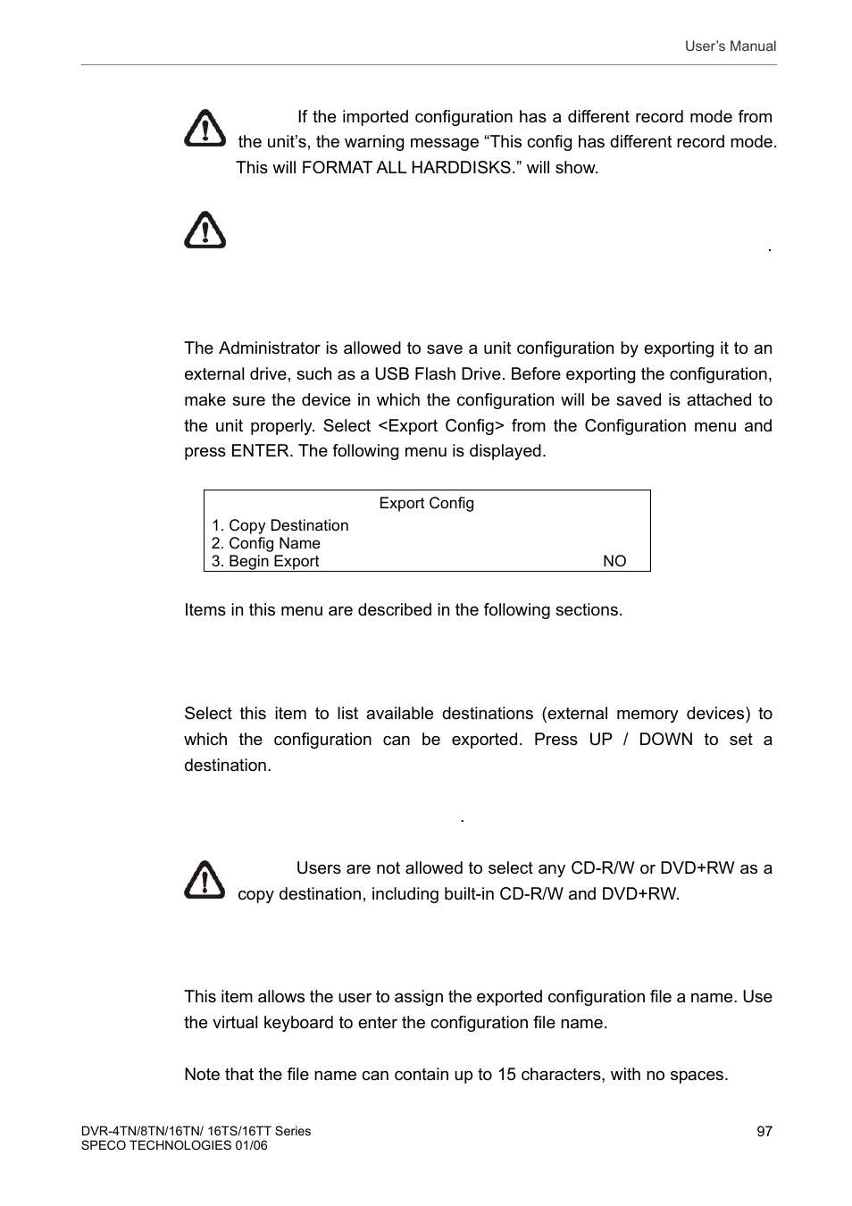 3 export configuration, 1 copy destination, 2 configuration name | Export configuration, Copy destination, Configuration name | Speco Technologies DVR-16TT User Manual | Page 98 / 139