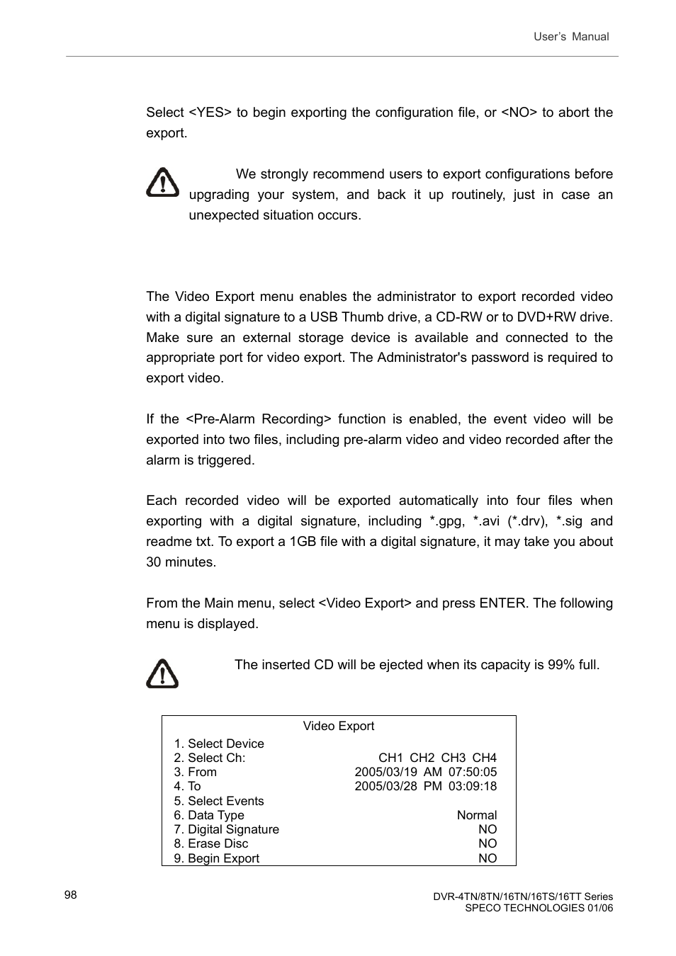 3 begin export, 9 video export, Begin export | Video export | Speco Technologies DVR-16TT User Manual | Page 99 / 139