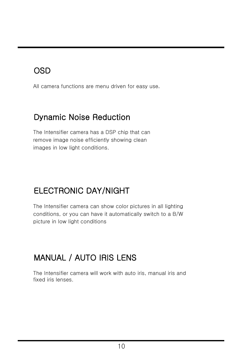 Dynamic noise reduction, Electronic day/night, Manual / auto iris lens | Speco Technologies CVC-6246IHR User Manual | Page 12 / 41