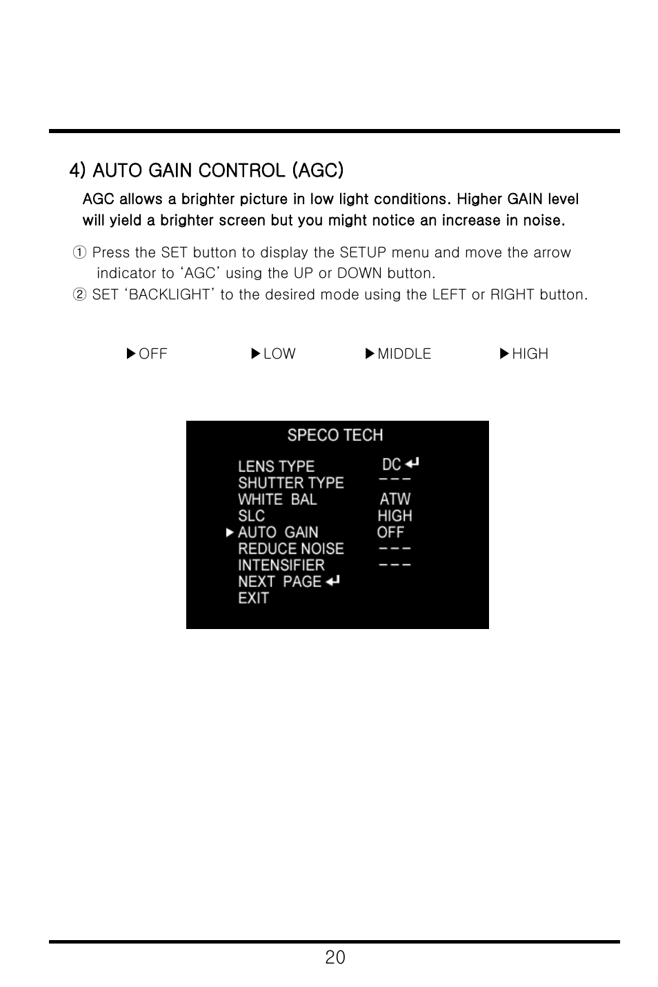 20 4) auto gain control (agc) | Speco Technologies CVC-6246IHR User Manual | Page 21 / 41