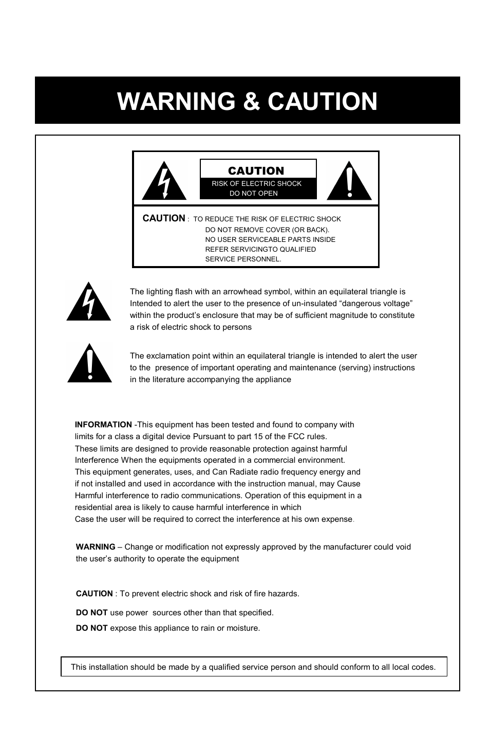 Warning & caution, Caution | Speco Technologies CVC-6246IHR User Manual | Page 3 / 41