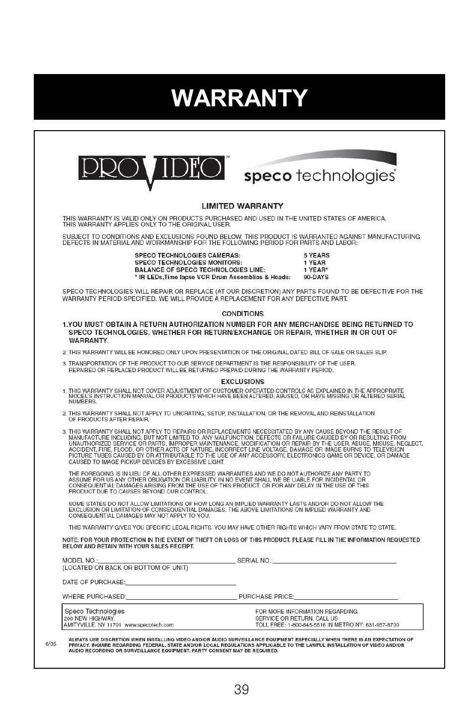 Warranty | Speco Technologies CVC-6246IHR User Manual | Page 40 / 41