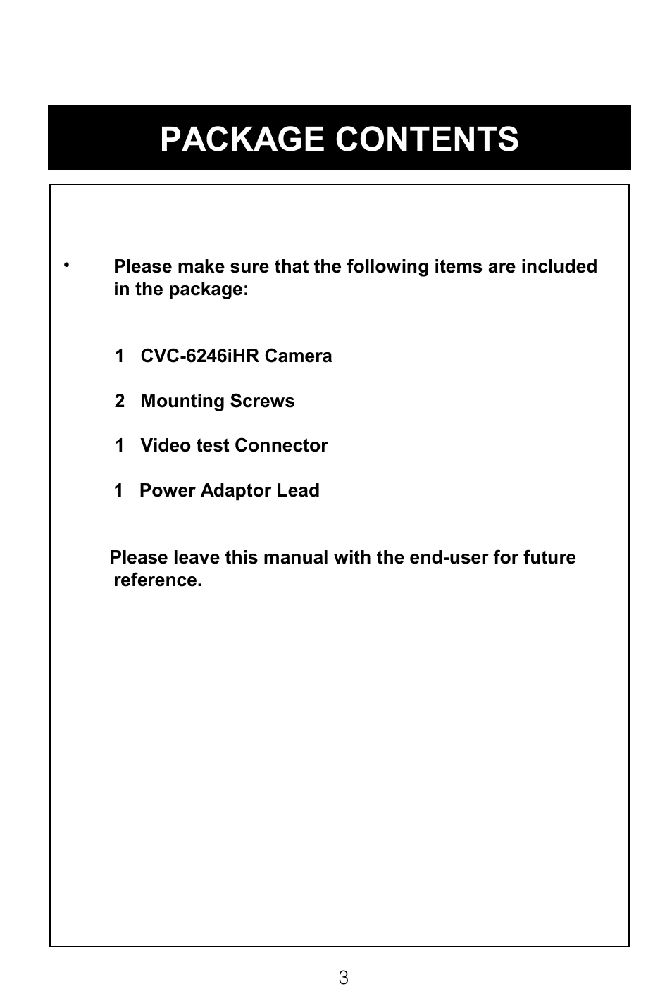 Package contents | Speco Technologies CVC-6246IHR User Manual | Page 6 / 41