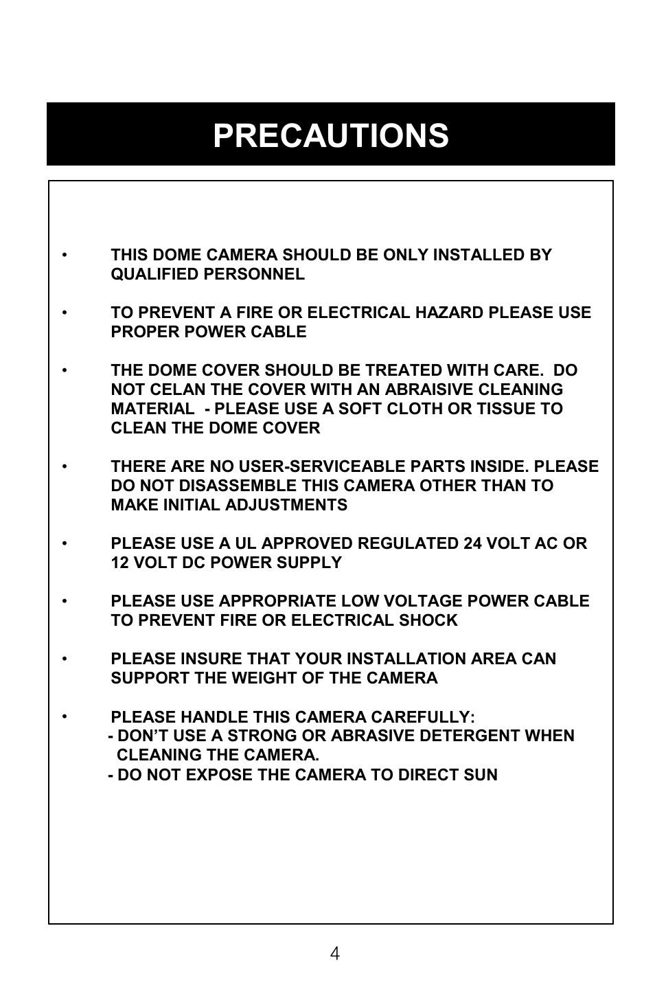 Precautions | Speco Technologies CVC-6246IHR User Manual | Page 7 / 41