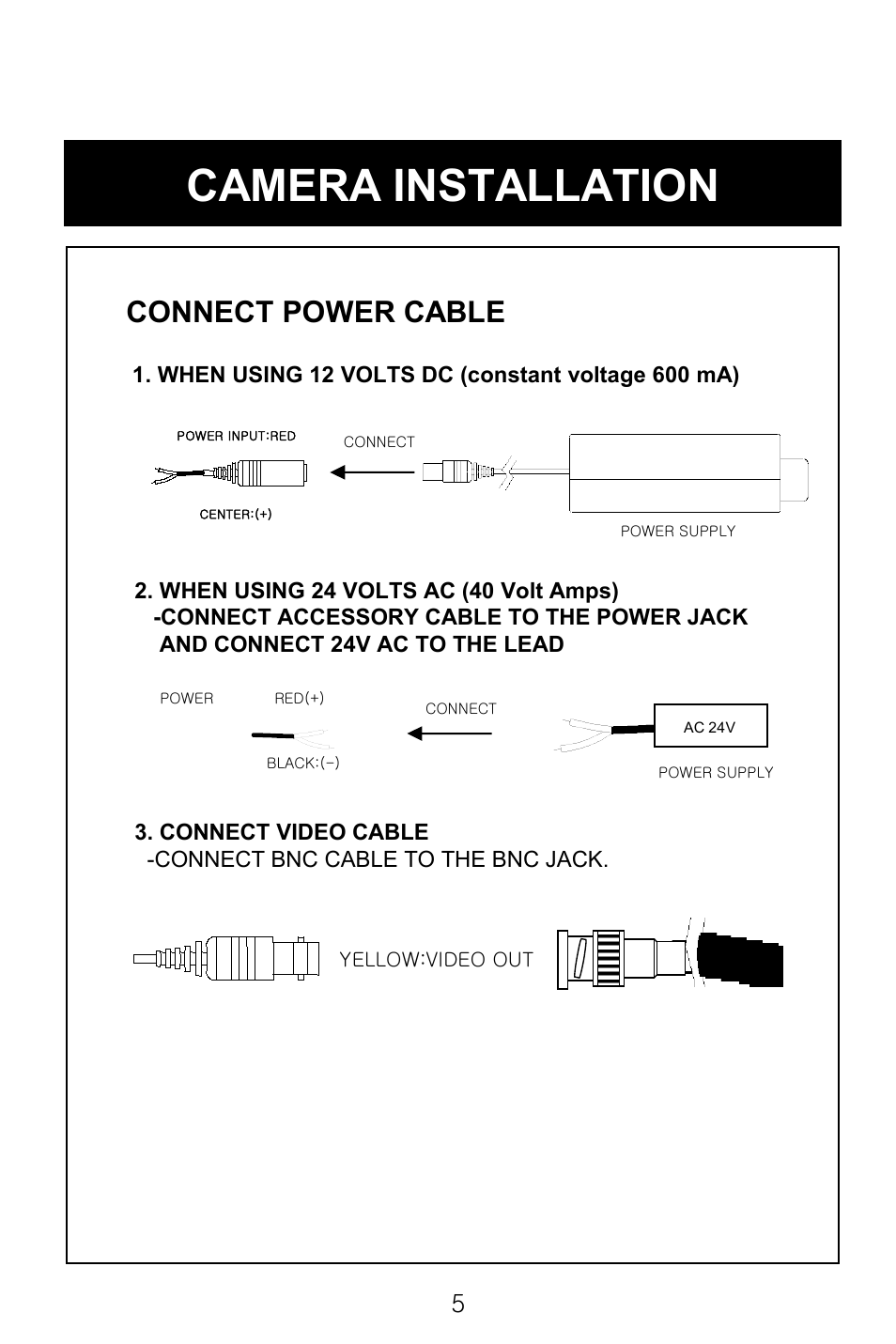 Camera installation, Connect power cable | Speco Technologies CVC-6246IHR User Manual | Page 8 / 41