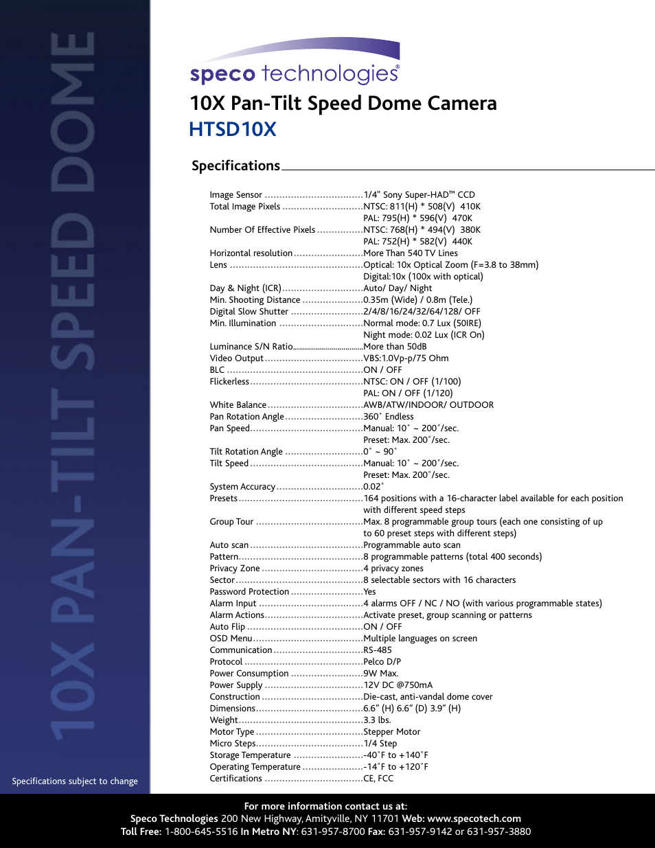 10x pan-tilt speed dome camera htsd10x, Specifications | Speco Technologies HTSD10X User Manual | Page 2 / 2