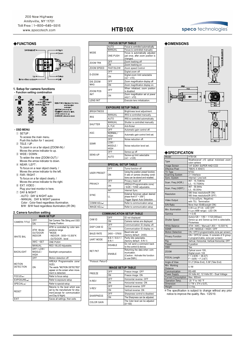 Htb10x, Functions, Dimensions | Specification | Speco Technologies HTB10X User Manual | Page 2 / 2
