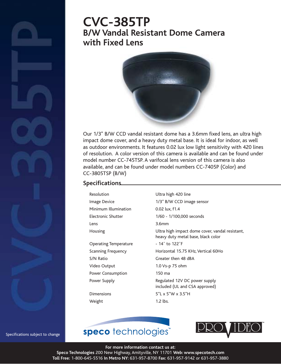 Speco Technologies CVC-385TP User Manual | 1 page