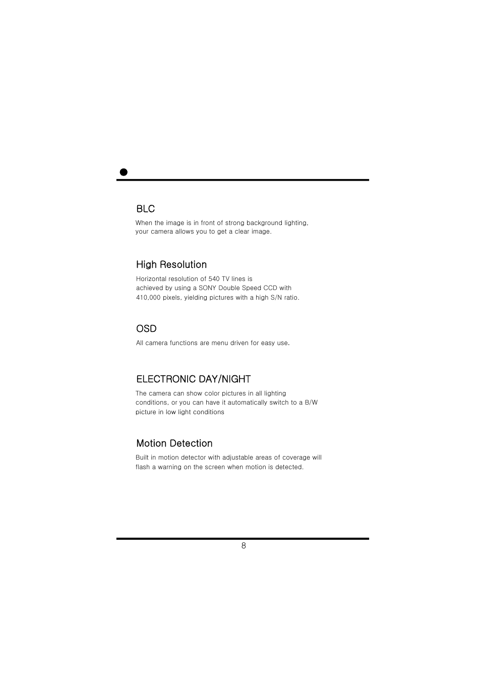 Blc high resolution, High resolution osd, Electronic day/night | Motion detection | Speco Technologies CVC6146SCS User Manual | Page 10 / 20