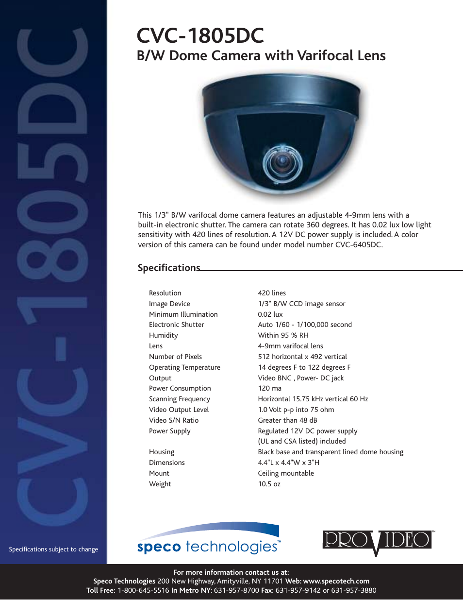 Speco Technologies CVC-1805DC User Manual | 1 page