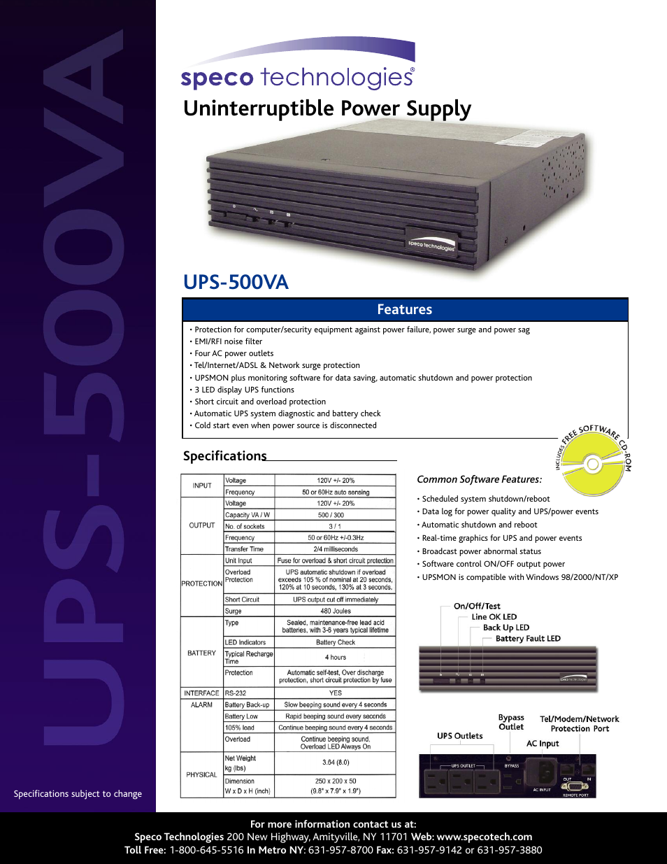 Speco Technologies UPS-500VA User Manual | 1 page