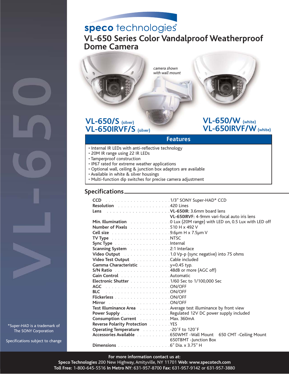 Speco Technologies VL-650IRVF/S User Manual | 1 page