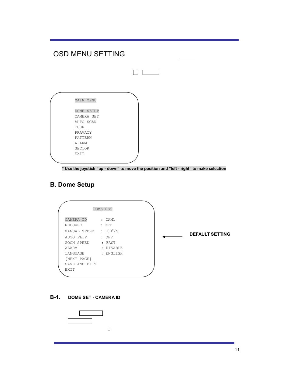 Osd menu setting, B. dome setup | Speco Technologies 10X PAN-TILT HTSD10X User Manual | Page 11 / 29