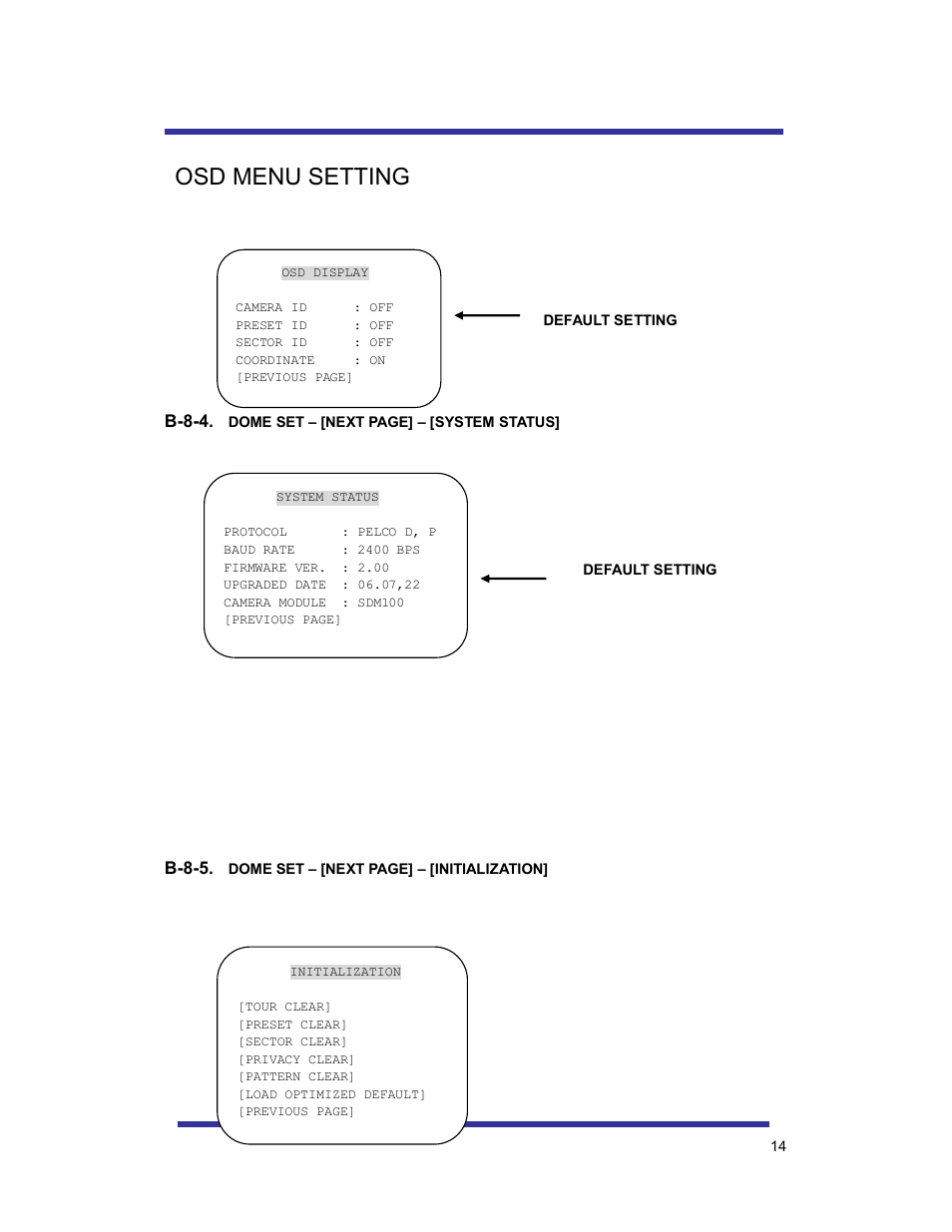 Osd menu setting, B-8-4, B-8-5 | Speco Technologies 10X PAN-TILT HTSD10X User Manual | Page 14 / 29