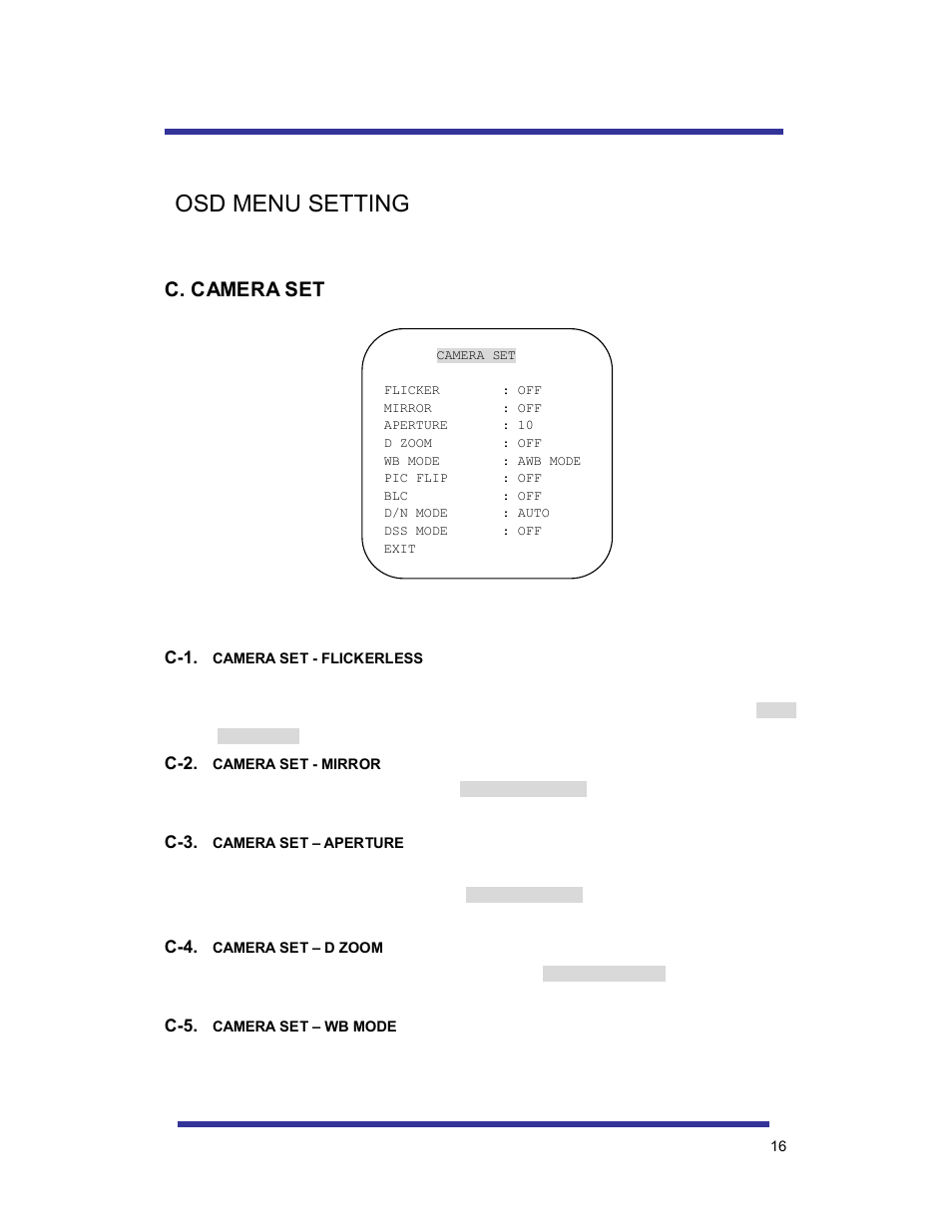 Osd menu setting, C. camera set | Speco Technologies 10X PAN-TILT HTSD10X User Manual | Page 16 / 29