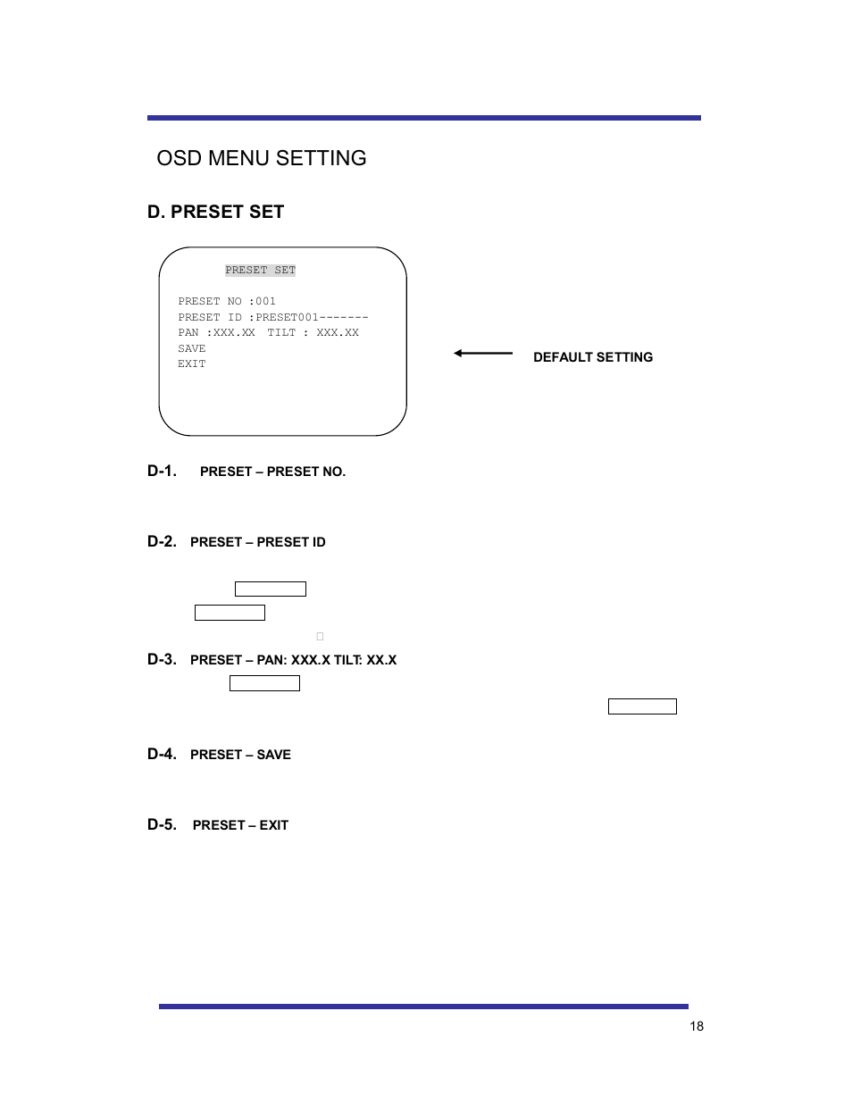 Osd menu setting, D. preset set | Speco Technologies 10X PAN-TILT HTSD10X User Manual | Page 18 / 29