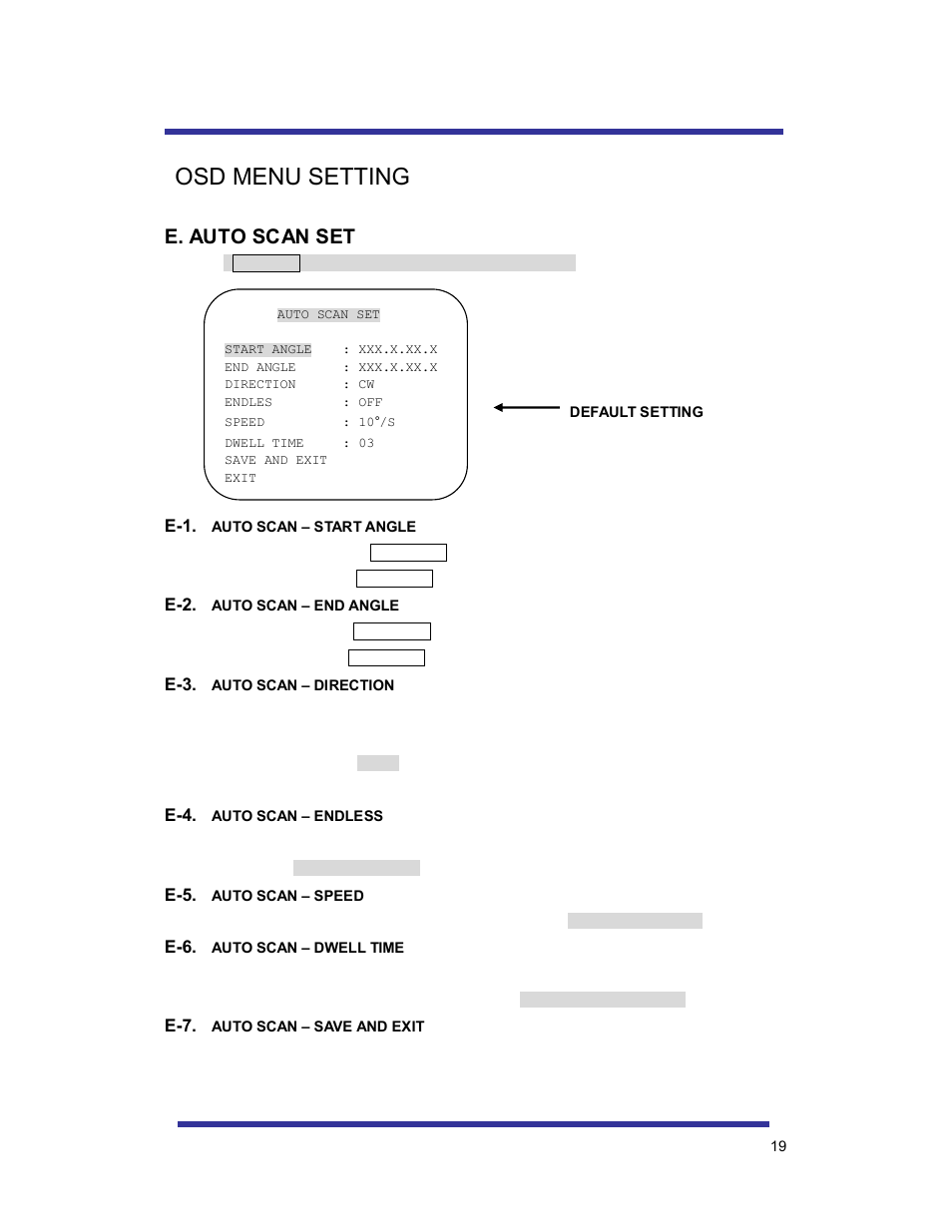 Osd menu setting, E. auto scan set | Speco Technologies 10X PAN-TILT HTSD10X User Manual | Page 19 / 29