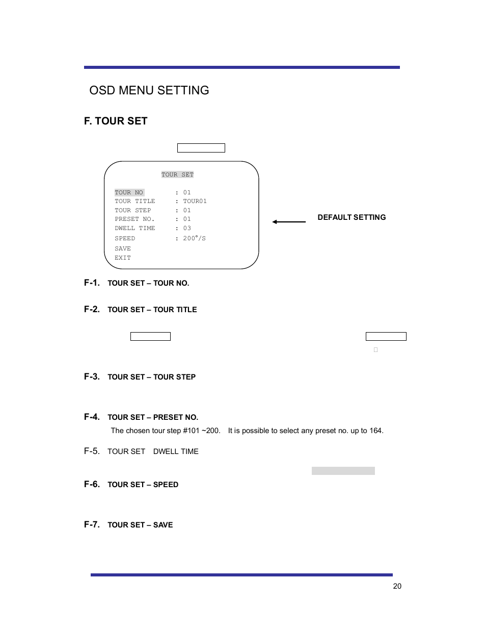 Osd menu setting, F. tour set | Speco Technologies 10X PAN-TILT HTSD10X User Manual | Page 20 / 29