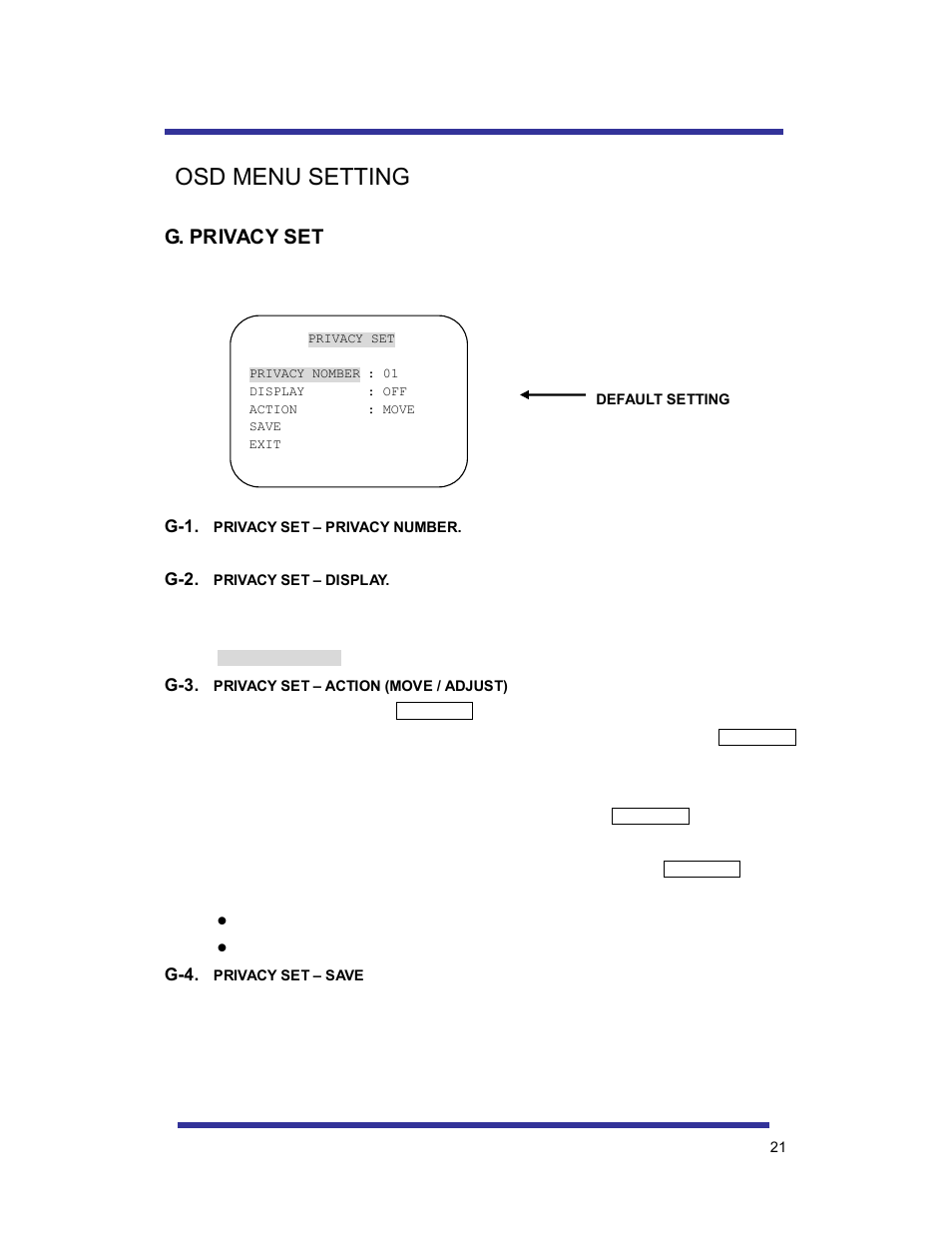 Osd menu setting, G. privacy set | Speco Technologies 10X PAN-TILT HTSD10X User Manual | Page 21 / 29