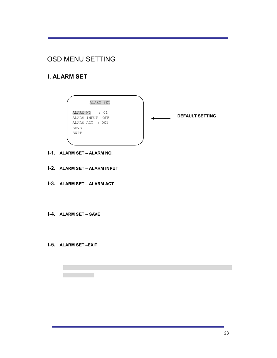 Osd menu setting, I. alarm set | Speco Technologies 10X PAN-TILT HTSD10X User Manual | Page 23 / 29