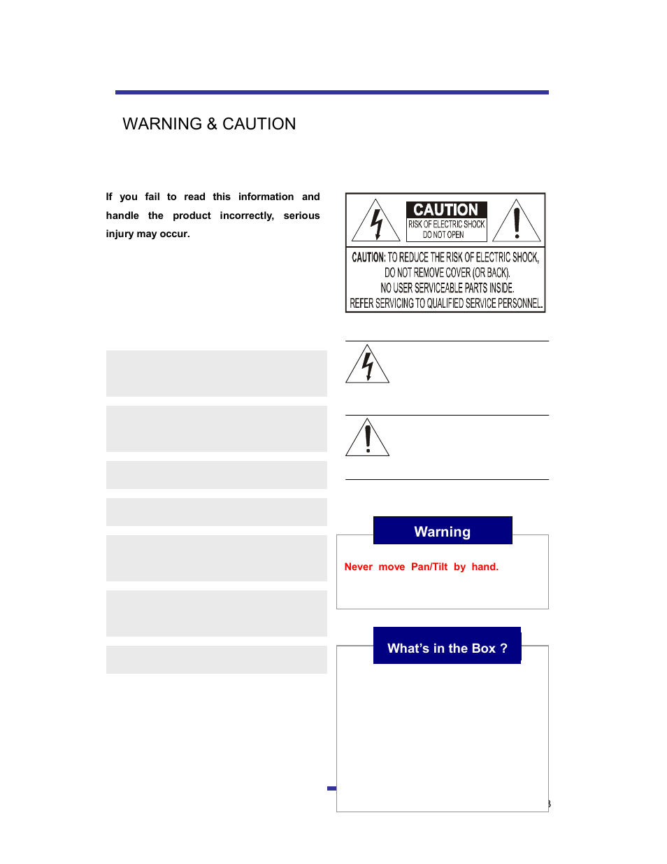 Warning & caution, Warning, What’s in the box | Speco Technologies 10X PAN-TILT HTSD10X User Manual | Page 3 / 29