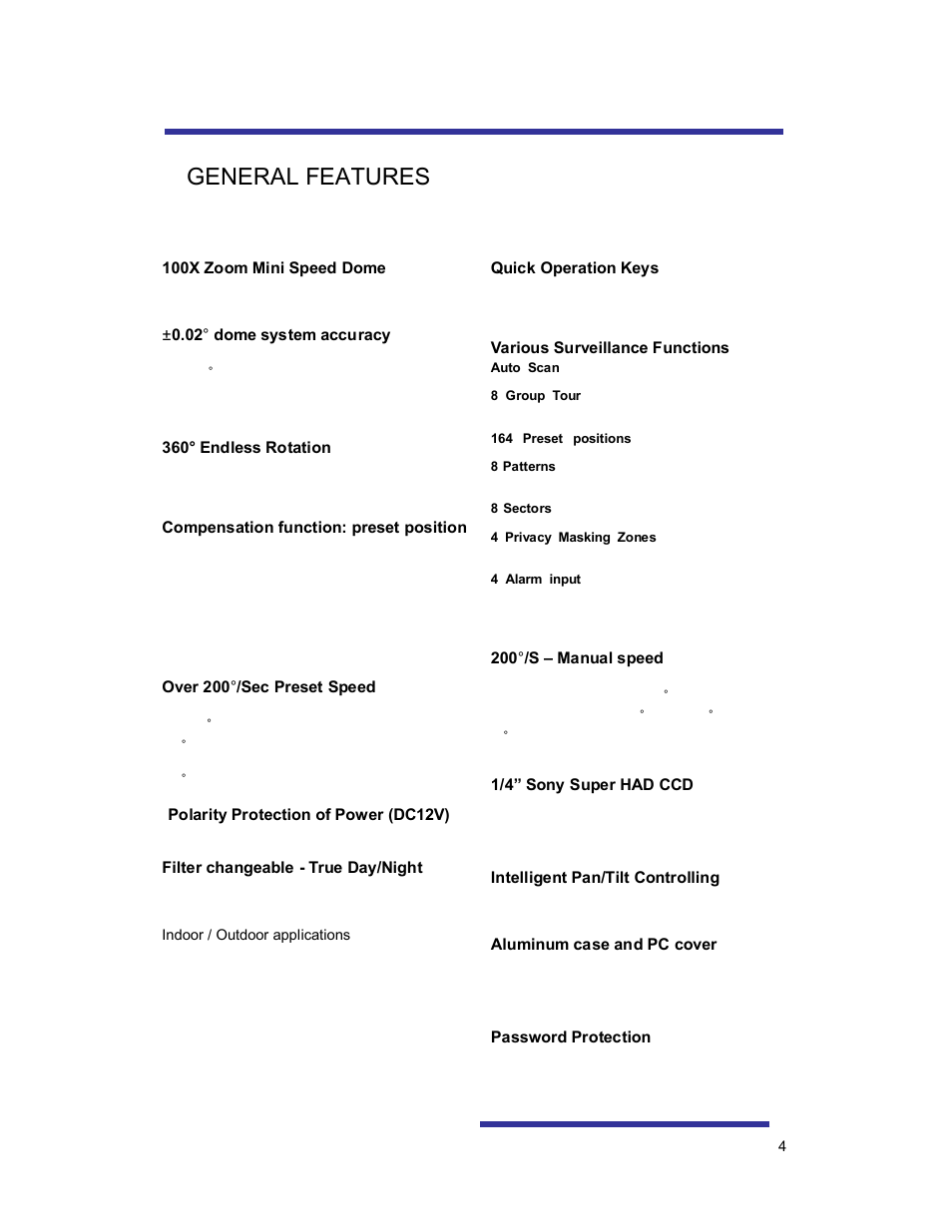 General features | Speco Technologies 10X PAN-TILT HTSD10X User Manual | Page 4 / 29