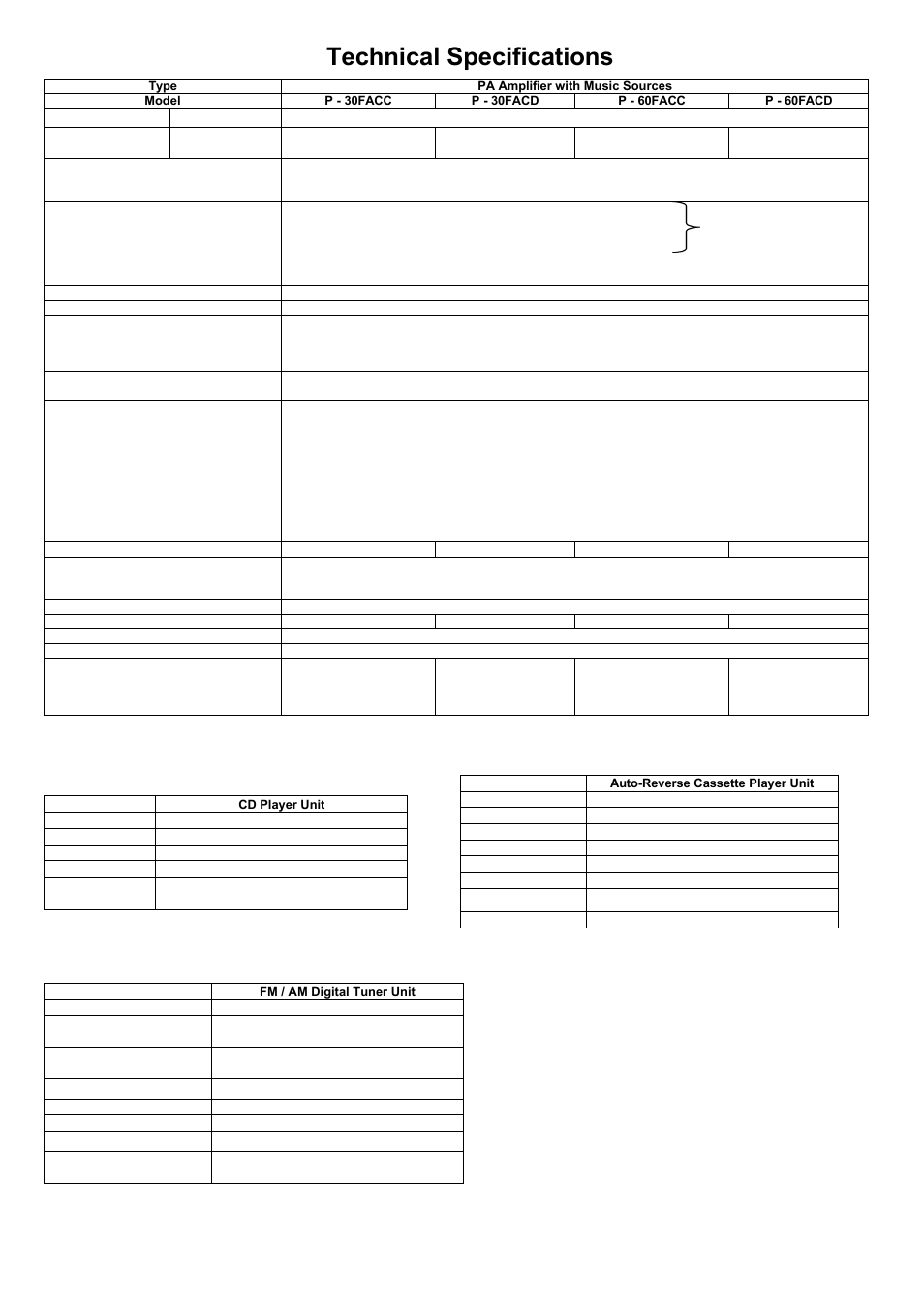 Technical specifications, Cd-2 cd player unit, Cp-2 auto-reverse cassette player unit | Speco Technologies P-30FACC User Manual | Page 13 / 15