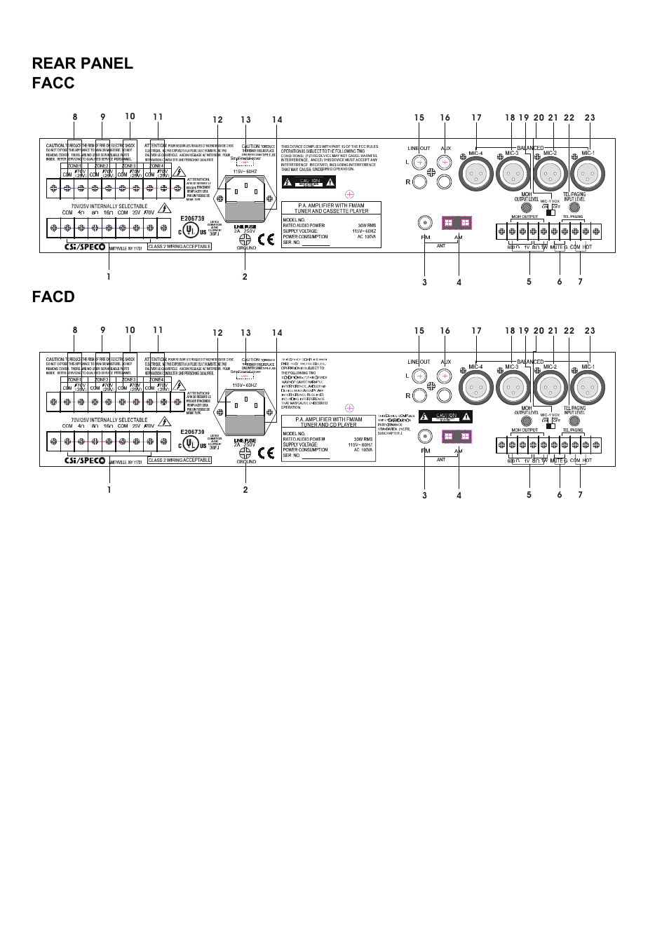 Rear panel facc, Facd, 23) mic-1 (xlr connector) input | Moh = music on hold **tel/paging | Speco Technologies P-30FACC User Manual | Page 4 / 15