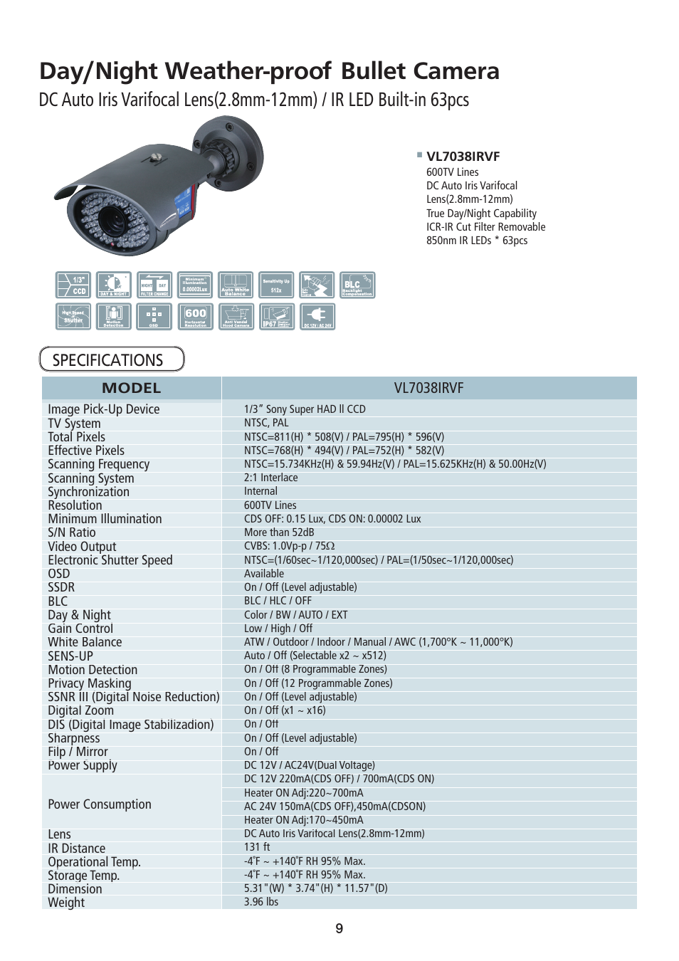 Day/night weather-proof bullet camera, Specifications | Speco Technologies DNR Bullet Day/Night Weather-proof Camera VL7038IRVF User Manual | Page 10 / 33