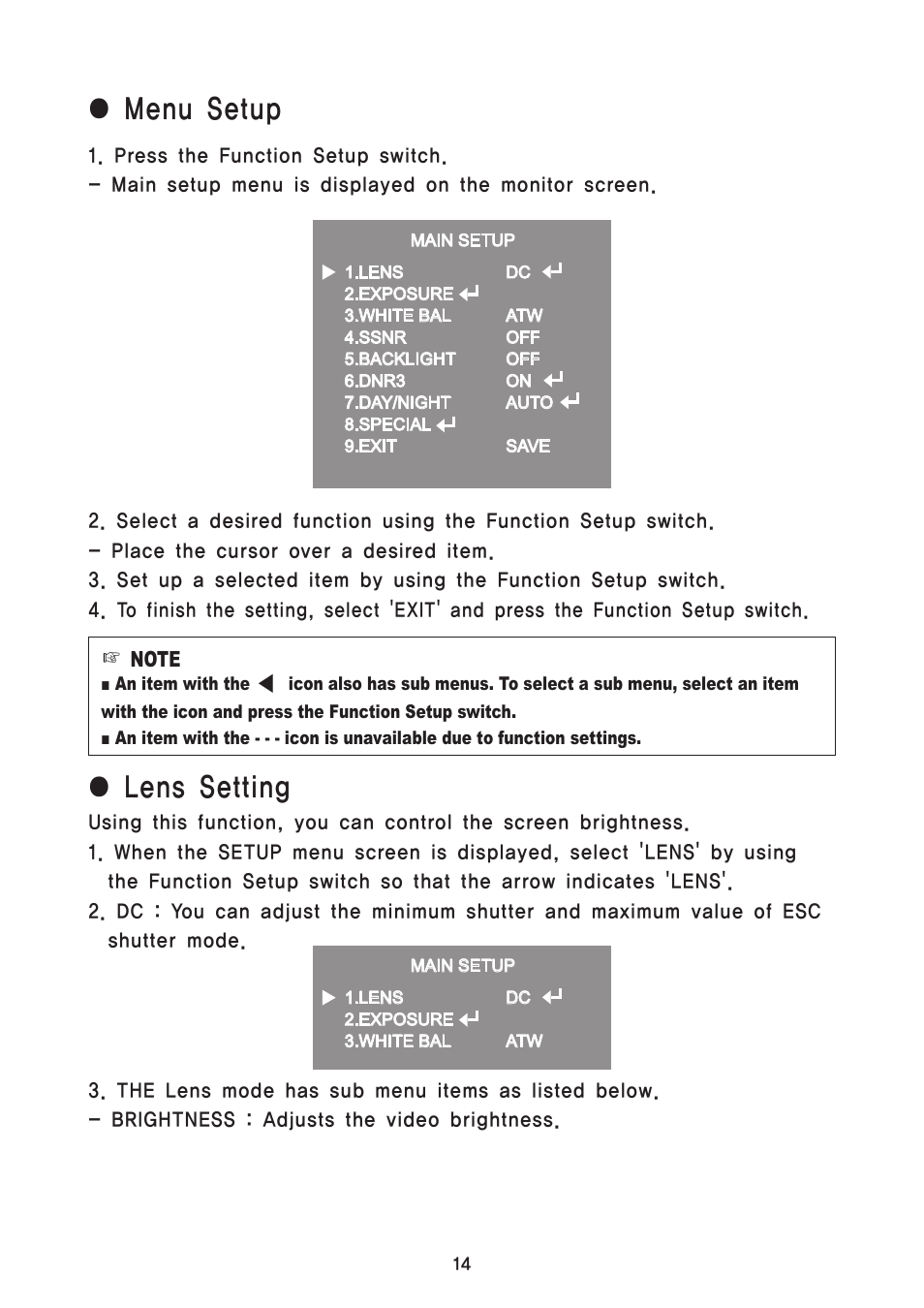 Menu setup, Lens setting | Speco Technologies DNR Bullet Day/Night Weather-proof Camera VL7038IRVF User Manual | Page 15 / 33