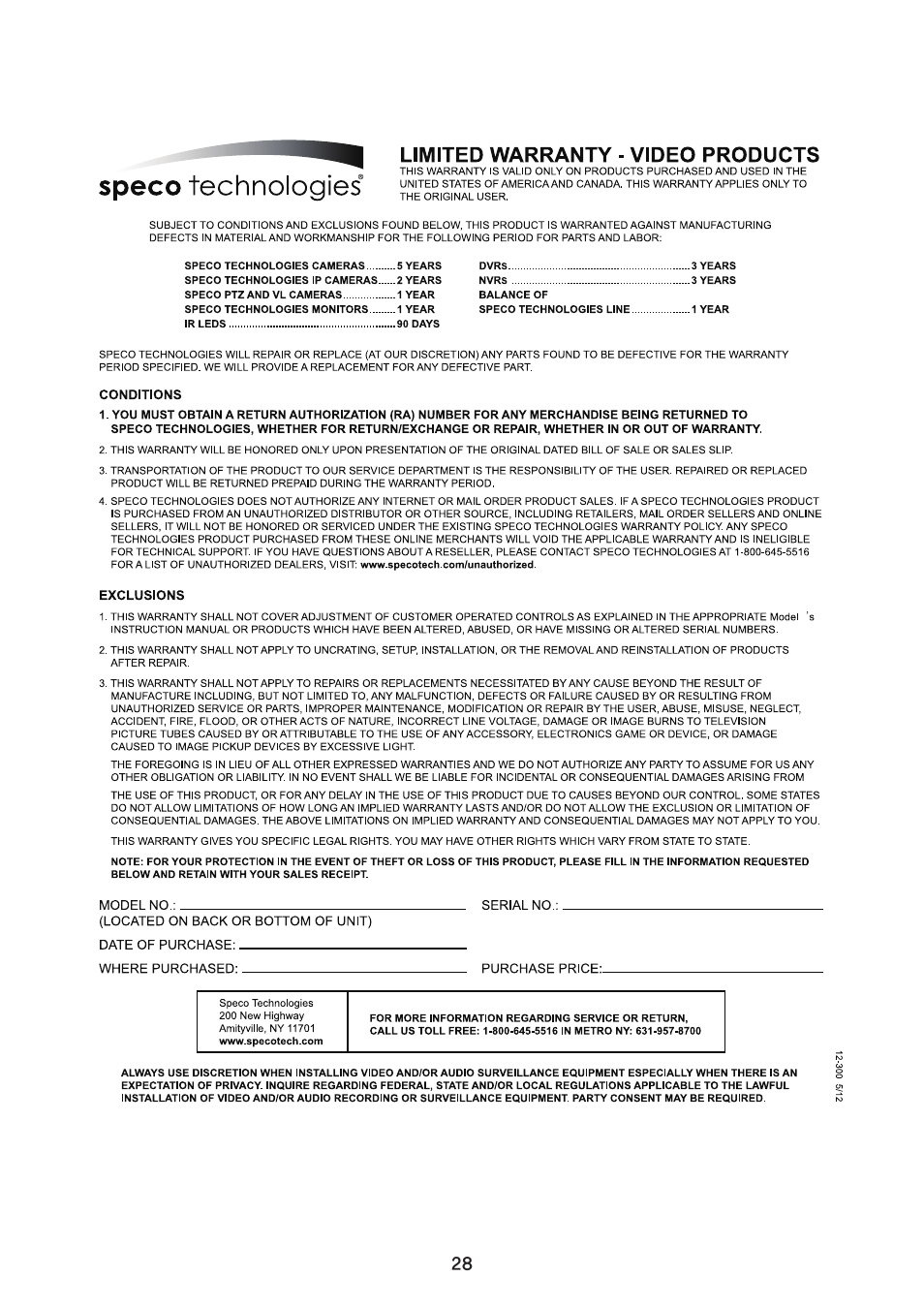 Speco Technologies DNR Bullet Day/Night Weather-proof Camera VL7038IRVF User Manual | Page 29 / 33