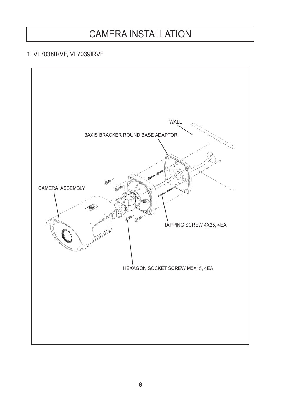 Camera installation | Speco Technologies DNR Bullet Day/Night Weather-proof Camera VL7038IRVF User Manual | Page 9 / 33