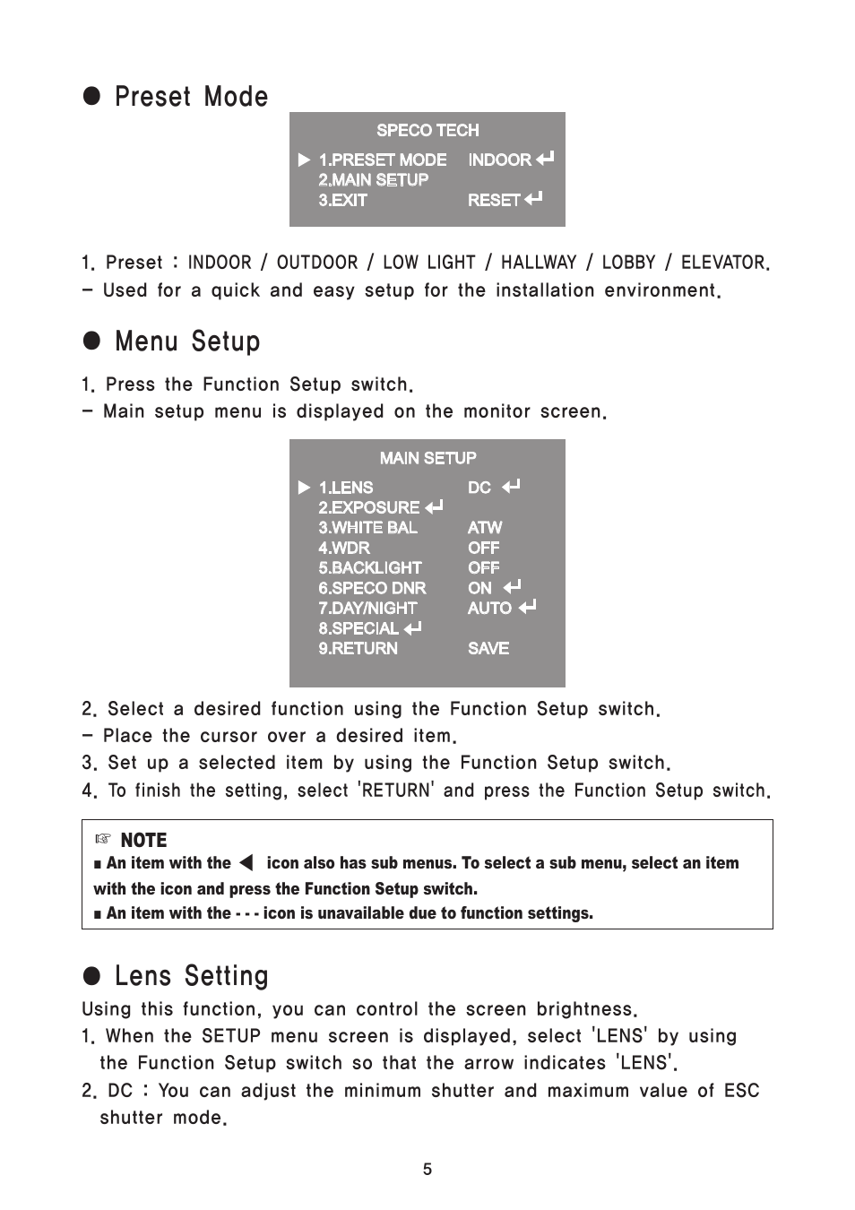 Menu setup, Lens setting, Preset mode | Speco Technologies 650Line Intensifier3 Series Focus Free HTD8FFI User Manual | Page 12 / 28