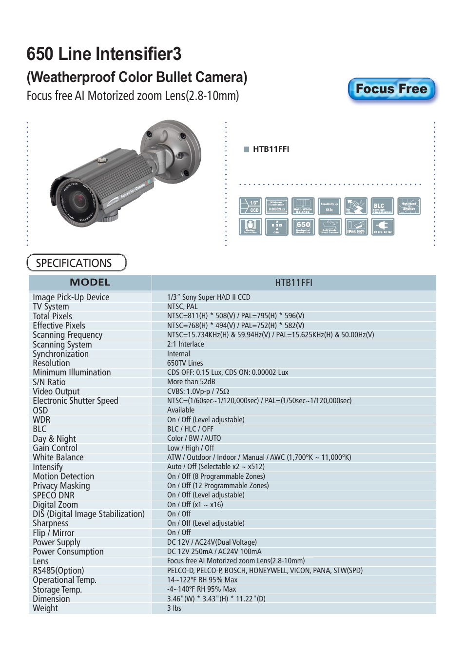 650 line intensifier3, Weatherproof color bullet camera), Focus free ai motorized zoom lens(2.8-10mm) | Focus free | Speco Technologies 650Line Intensifier3 Series Focus Free HTD8FFI User Manual | Page 5 / 28